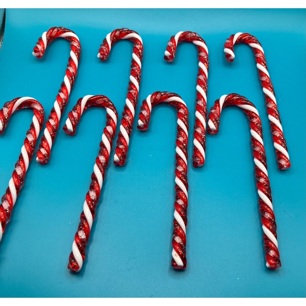 Candy Cane Ornaments 6.5in Red White Glass Glitter Set of 8 - Picture 3 of 5